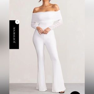 WHITE RUCHED MESH BARDOT JUMPSUIT